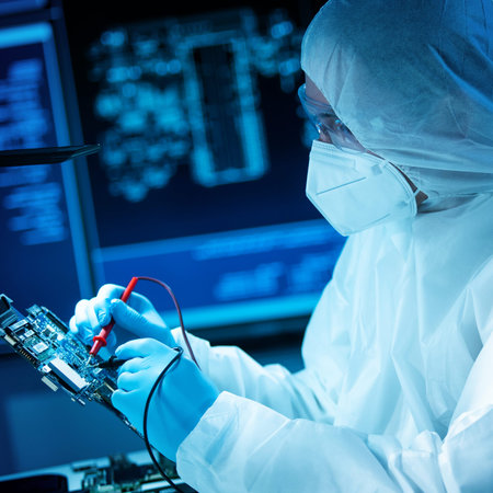 The scientist works in a modern scientific laboratory for the research and development of...