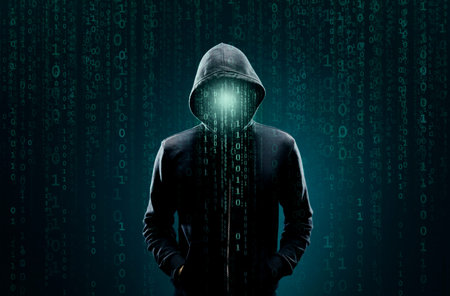 Computer hacker in hoodie. Obscured dark face. Data thief, internet fraud, darknet and cyber...