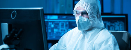 The scientist works in a modern scientific laboratory for the research and development of...