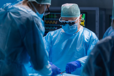Multiracial team of professional medical surgeons performs the surgical operation in a modern hospital. Doctors are working to save the patient. Medicine, health, cardiology and transplantation.の写真素材