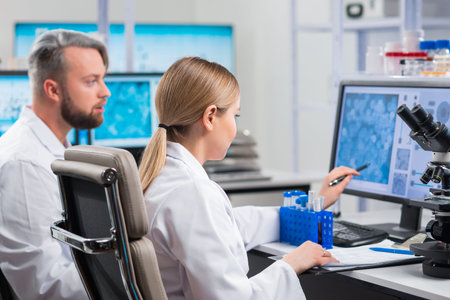 Professional team of scientists is working on a vaccine in a modern scientific research laboratory....