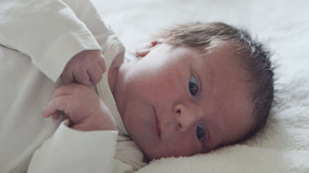 Close-up portrait of a young baby who has recently been born. Newborn infant boy at home. Window light.の写真素材