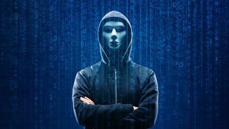 Hacker over Abstract Digital Background with Elements of Binary Code and Computer Programs. Concept...