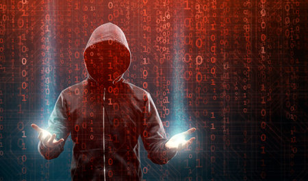 Computer Hacker in Hoodie. Obscured Dark Face. Hacker Attack, Virus Infected Software, Dark Web and...