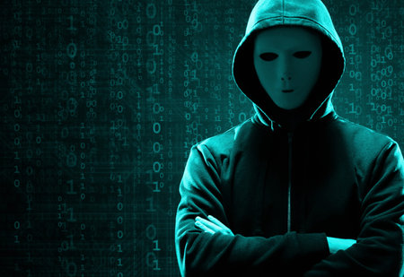 Computer Hacker in Hoodie. Obscured Dark Face. Hacker Attack, Virus Infected Software, Dark Web and...