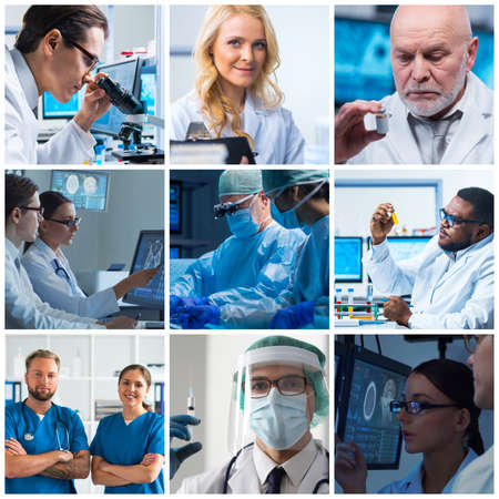 Professional medical doctors working in hospital office, Portrait of young and confident physicians. Set of different images.の写真素材