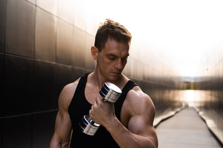 Young Muscular Man Doing Sports Outside at Sunset. Training of a Young Strong Athlete. Fitness and...