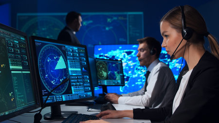 Workplace of the air traffic controllers in the control tower. Team of professional aircraft control...