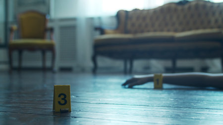 Closeup of a Crime Scene in a Deceased Persons Home. Dead man, Police Line, Clues and Evidence. Serial Killer and Detective Investigation concept.の写真素材