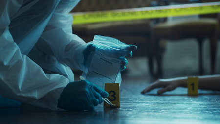 Detective Collecting Evidence in a Crime Scene. Forensic Specialists Making Expertise at Home of a...