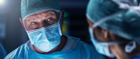 Diverse team of professional medical surgeons perform surgery in the operating room using high-tech...