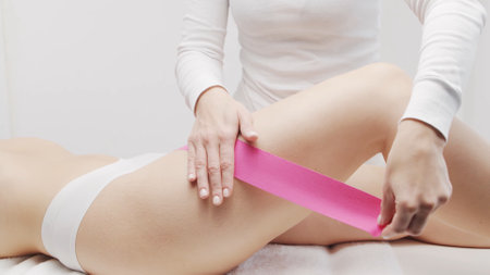 Therapist is applying tape to female body. Physiotherapy, kinesiology and recovery treatment.の写真素材