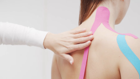 Therapist is applying tape to female body. Physiotherapy, kinesiology and recovery treatment.の写真素材