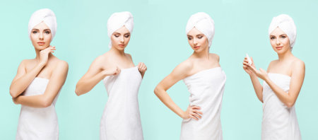 Young, beautiful and natural woman wrapped in towel. Set collection.の写真素材