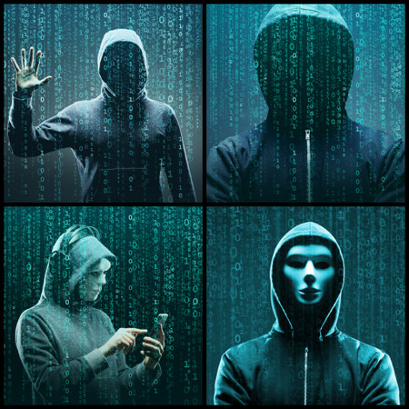 Portrait of computer hacker in hoodie. Obscured dark face. Data thief, internet fraud, darknet and...