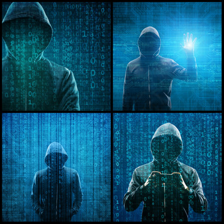 Portrait of computer hacker in hoodie. Obscured dark face. Data thief, internet fraud, darknet and cyber security concept.の写真素材