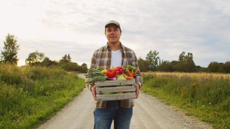 Farmer with a vegetable box in front of a sunset agricultural landscape. Man in a countryside field. Country life, food production, farming and country lifestyle.の写真素材