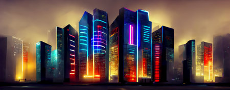 Futuristic modern big city with skyscrapers and neon lights. Technology and future concept. Partially generated by a neural network, no reference images.の素材