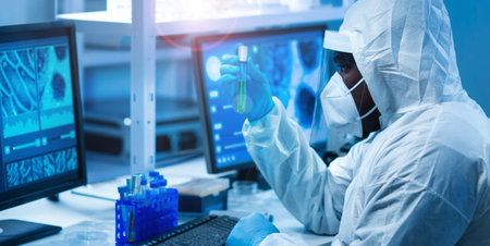African-american scientist works in a scientific lab using laboratory equipment, microscope and...