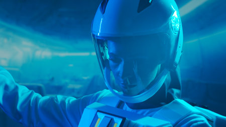 A woman astronaut in a space suit aboard the orbital station. A young female cosmonaut pilots a spaceship. Galactic travel and science concept.の写真素材