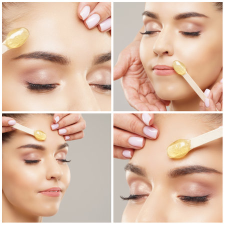 Beautician is removing hair from young and beautiful female armpits with hot wax. Woman has a beauty treament procedure. Depilation, epilation, skin and health care concepts. Set collage.の写真素材