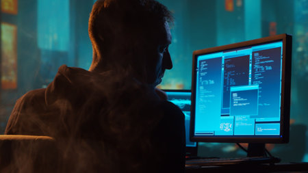 Computer Hacker in Hoodie. Obscured Dark Face. Concept of Hacker Attack, Virus Infected Software, Dark Web and Cyber Security.の素材