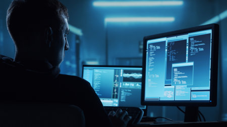 Computer Hacker in Hoodie. Obscured Dark Face. Concept of Hacker Attack, Virus Infected Software, Dark Web and Cyber Security.の素材