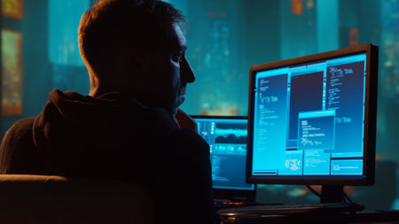 Computer Hacker in Hoodie. Obscured Dark Face. Concept of Hacker Attack, Virus Infected Software, Dark Web and Cyber Security.の素材