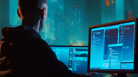 Computer Hacker in Hoodie. Obscured Dark Face. Concept of Hacker Attack, Virus Infected Software, Dark Web and Cyber Security.の素材