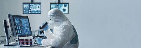 Scientist in protection suit and masks working in research lab using laboratory equipment:...