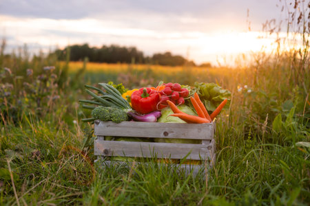 Vegetable box in front of a sunset agricultural landscape. Countryside field. Natural food, fruits and vegetables production, farming and healthy eating concept.の写真素材