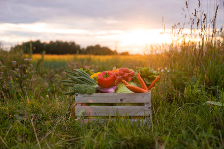 Vegetable box in front of a sunset agricultural landscape. Countryside field. Natural food, fruits and vegetables production, farming and healthy eating concept.の写真素材