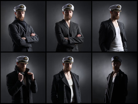 Portrait of a handsome sailor over black background. Shipping, navigation, marine, navy concept.