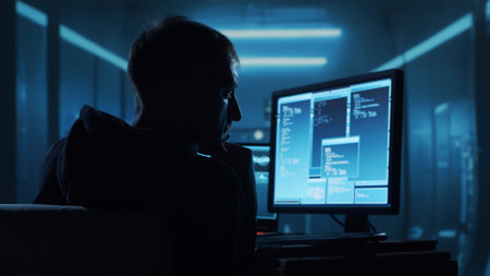 Computer Hacker in Hoodie. Obscured Dark Face. Concept of Hacker Attack, Virus Infected Software, Dark Web and Cyber Security.の素材