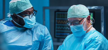 Team of medical doctors performs surgical operation in modern operating room using high-tech technology. Surgeons are working to save the patient in the hospital. Medicine, health and science.の写真素材