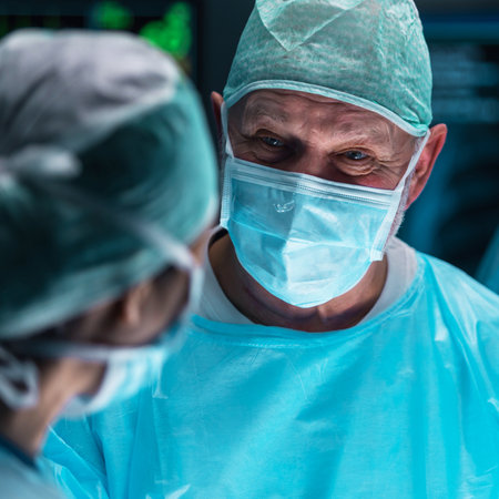 Team of medical doctors performs surgical operation in modern operating room using high-tech technology. Surgeons are working to save the patient in the hospital. Medicine, health and science.の写真素材