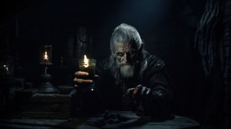 Evil wizard or alchemist making the witchcraft in a dark and scary dungeon. Halloween image.の素材