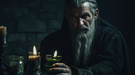 Evil wizard or alchemist making the witchcraft in a dark and scary dungeon. Halloween image.の素材