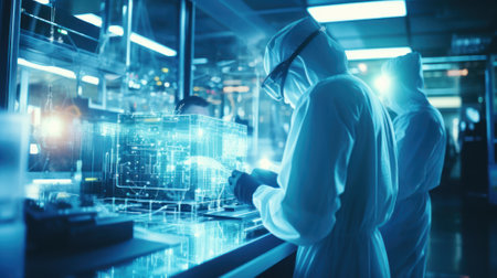 Data scientists work in a modern office of a technology company on the development of a quantum computer. Science, technology, big data and blockchain concept.の素材