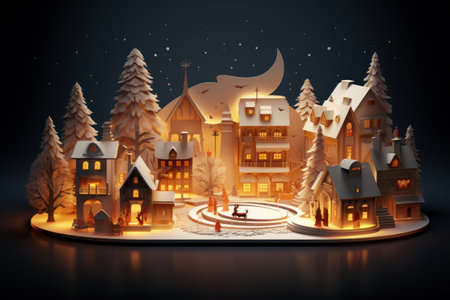 Abstract seasonal Christmas decorations. Clamshell card book style. Magical winter forest with Christmas trees and houses. Holiday celebration concept.の素材