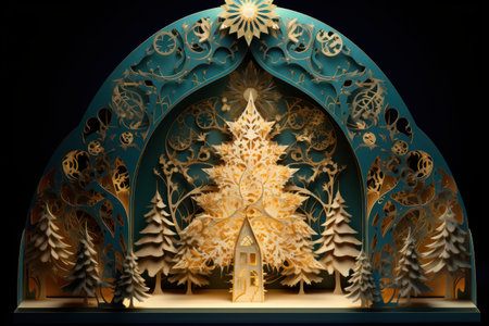 Abstract seasonal Christmas decorations. Clamshell card book style. Magical winter forest with Christmas trees. Holiday celebration concept.の素材