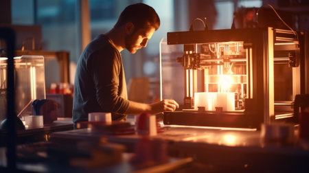 An engineer prints a prototype model on a 3d printer in a laboratory using equipment. Creativity, technology and 3d printing concept.の素材