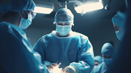Diverse team of professional medical surgeons perform surgery in the operating room using high-tech equipment.の素材