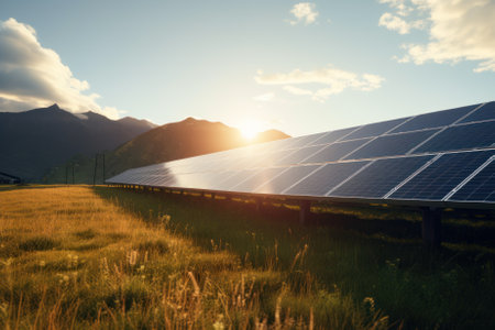 Solar panels in a field against a sunset background. The concept of environment, renewable sources, power generation, alternative energy and ecology.の素材