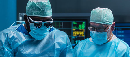 Team of medical doctors performs surgical operation in modern operating room using high-tech...