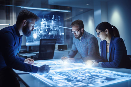 Data scientists work in a modern office of a technology company. The concept of business, science, technology and architecture.の素材