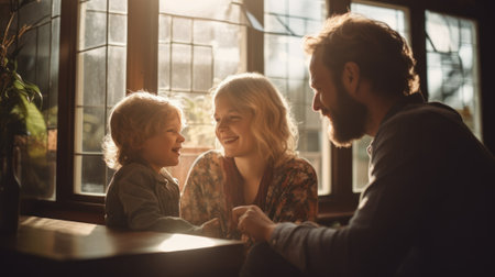 Young loving family at home. Parents and children. People have fun together. Love and family concept.の素材