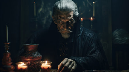 Evil old wizard or alchemist making the witchcraft in a dark and scary dungeon. Halloween image.の素材