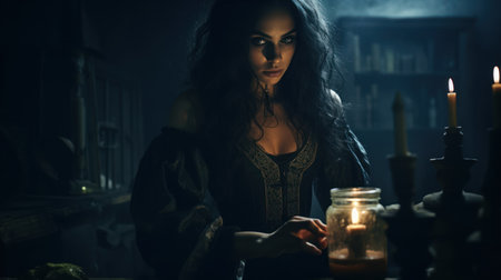 Beautiful witch with makeup and hairstyle making the witchcraft in a dark and scary dungeon. Halloween image.の素材