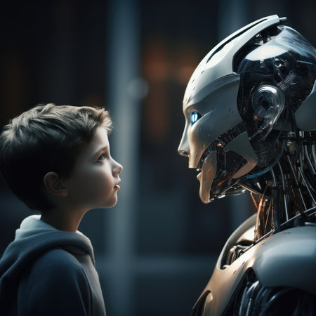 Communication between a child and his robot friend. Cyborg teacher with a little boy. Concept of technology, robotics, artificial intelligence and future.の素材